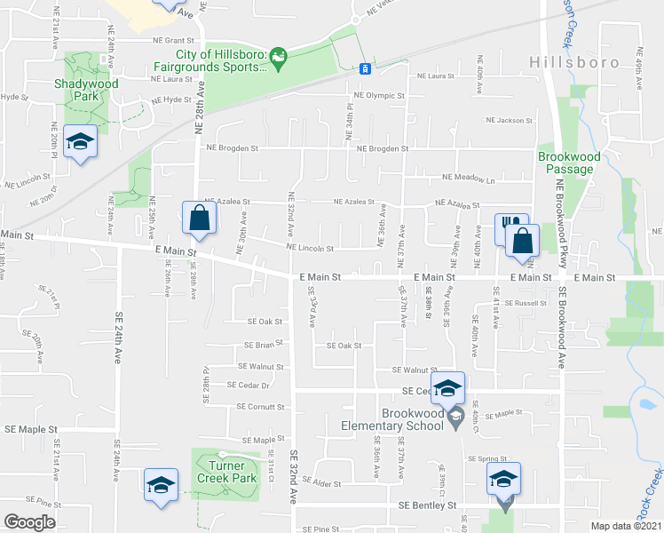 map of restaurants, bars, coffee shops, grocery stores, and more near 3382 Northeast Lincoln Street in Hillsboro