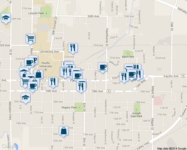 map of restaurants, bars, coffee shops, grocery stores, and more near 2528 21st Avenue in Forest Grove