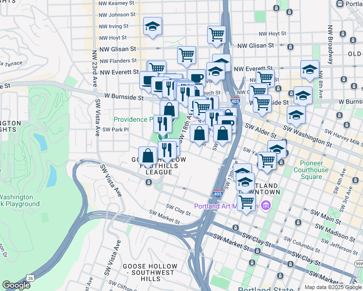 map of restaurants, bars, coffee shops, grocery stores, and more near in Portland