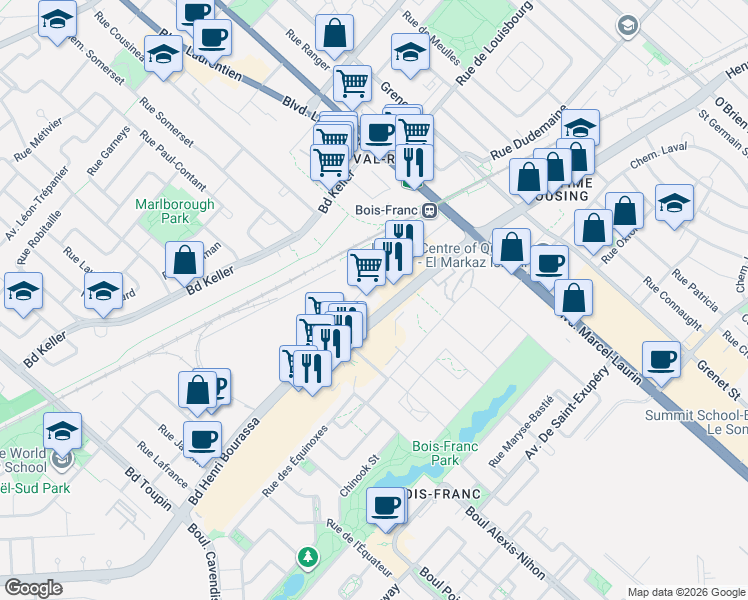 map of restaurants, bars, coffee shops, grocery stores, and more near 5375 Boulevard Henri Bourassa Ouest in Montréal
