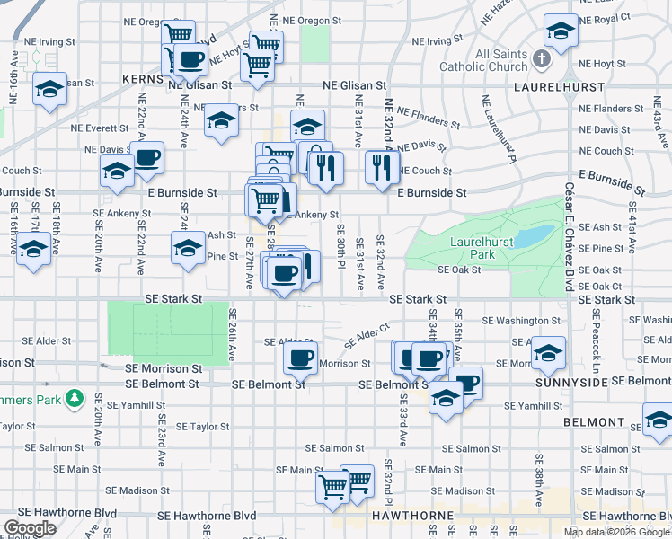 map of restaurants, bars, coffee shops, grocery stores, and more near 3030 Southeast Pine Street in Portland