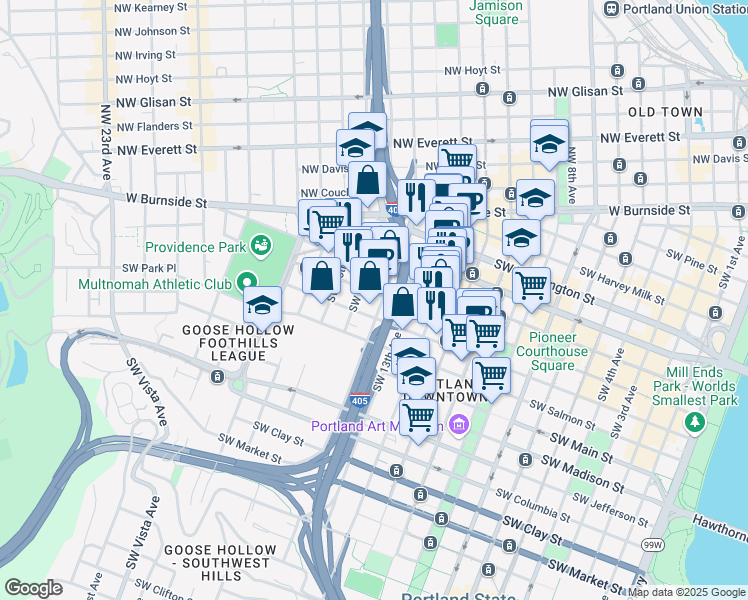 map of restaurants, bars, coffee shops, grocery stores, and more near 807 Southwest 14th Avenue in Portland