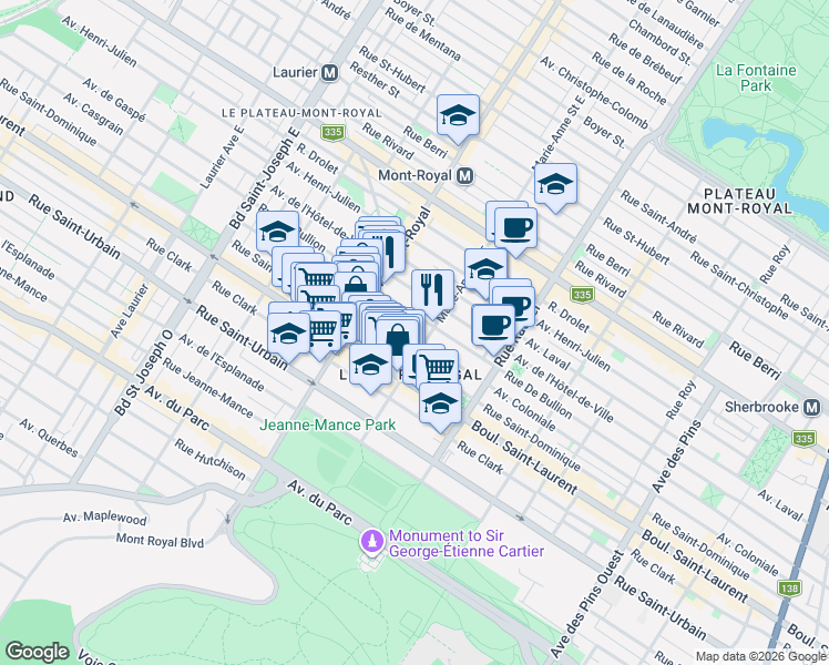 map of restaurants, bars, coffee shops, grocery stores, and more near 4373 Avenue Coloniale in Montréal