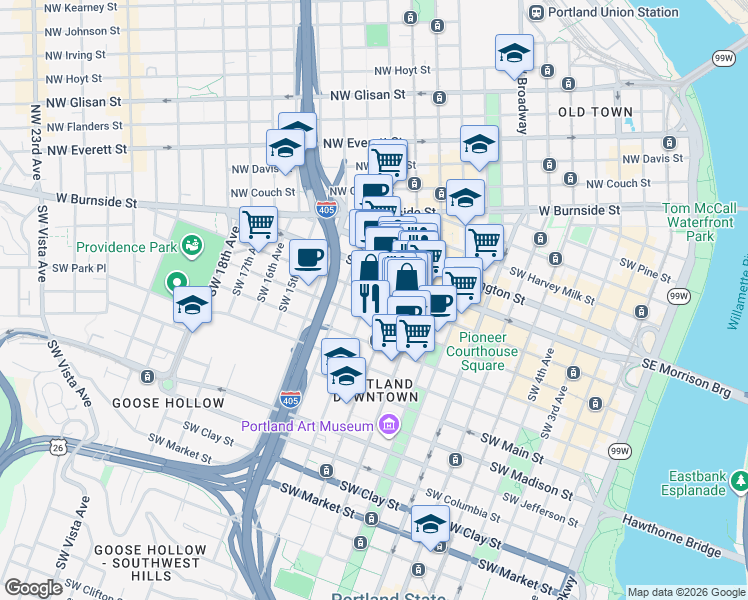 map of restaurants, bars, coffee shops, grocery stores, and more near in Portland