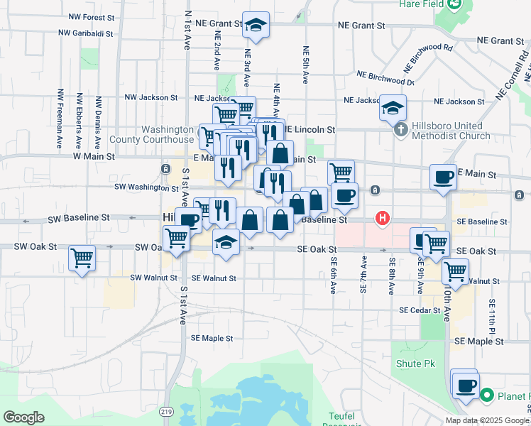 map of restaurants, bars, coffee shops, grocery stores, and more near 353 Southeast Baseline Street in Hillsboro