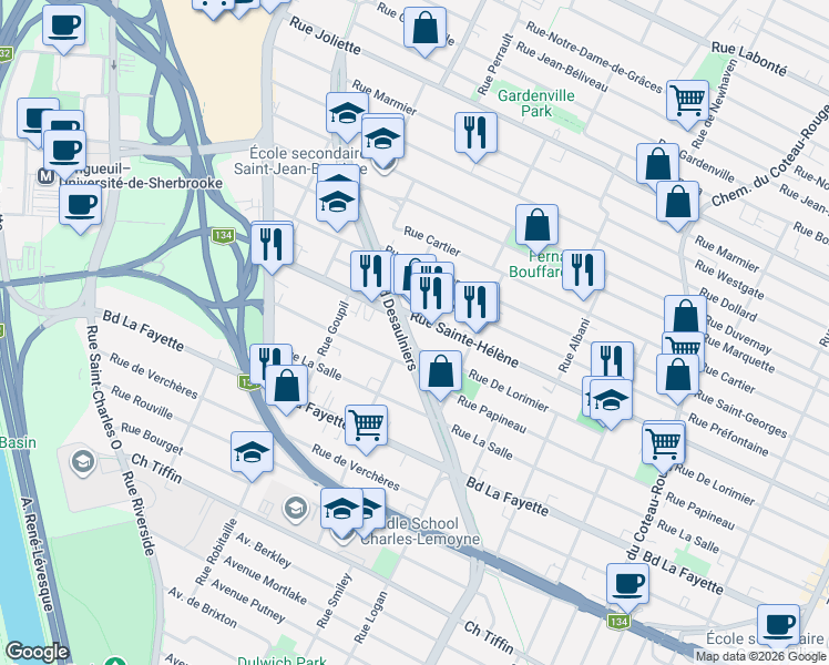 map of restaurants, bars, coffee shops, grocery stores, and more near 1166 Boulevard Desaulniers in Longueuil
