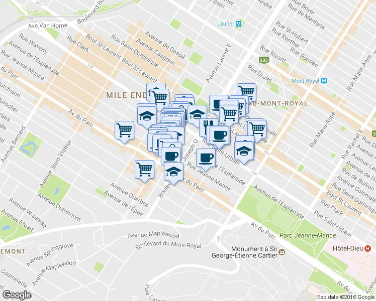 map of restaurants, bars, coffee shops, grocery stores, and more near 203 Boulevard Saint Joseph Ouest in Montreal
