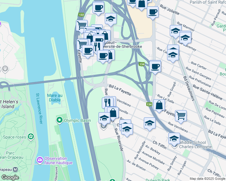 map of restaurants, bars, coffee shops, grocery stores, and more near 100 Boulevard La Fayette in Longueuil