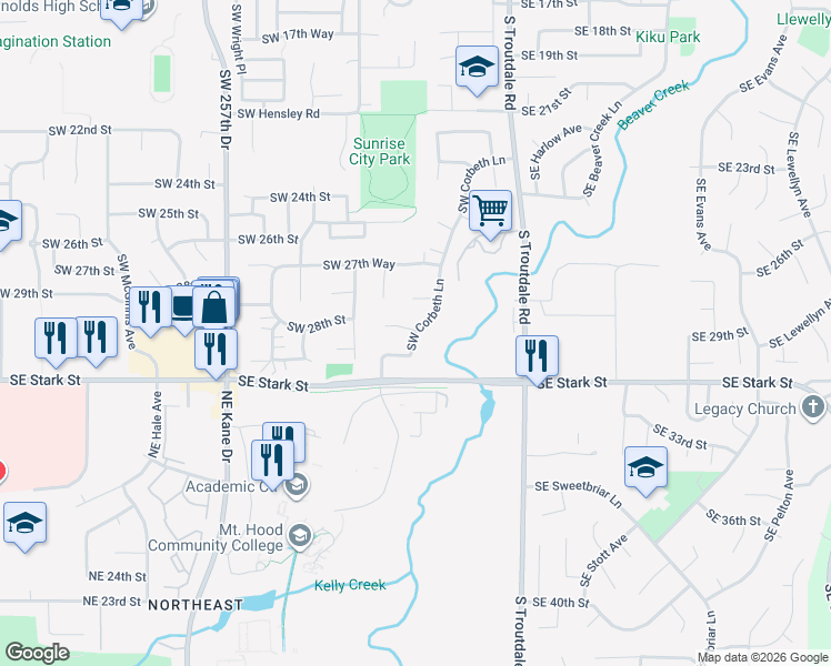map of restaurants, bars, coffee shops, grocery stores, and more near 333 Southwest 30th Court in Troutdale