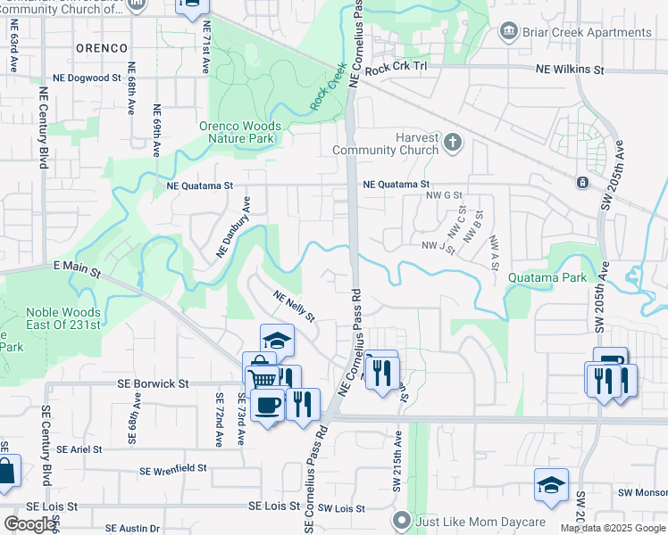 map of restaurants, bars, coffee shops, grocery stores, and more near 203 Northeast Cornelius Pass Road in Hillsboro