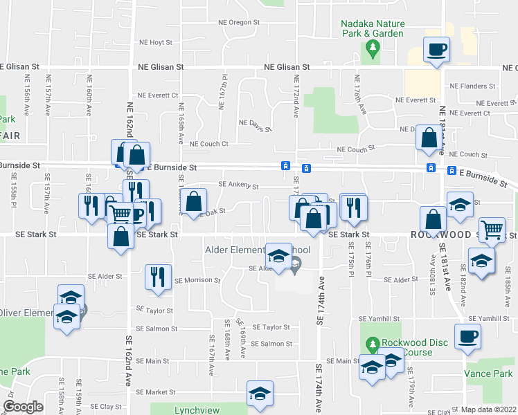 map of restaurants, bars, coffee shops, grocery stores, and more near 16930 Southeast Pine Street in Portland