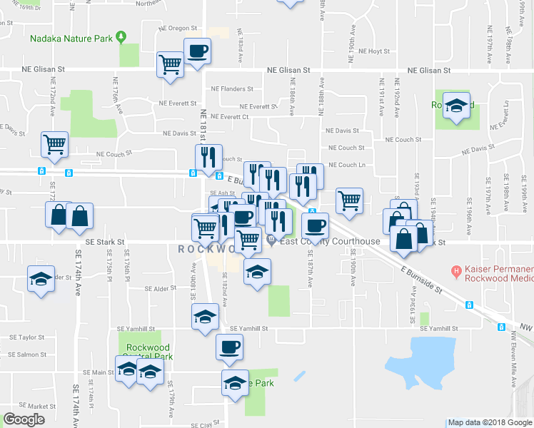 map of restaurants, bars, coffee shops, grocery stores, and more near 18428 Southeast Pine Street in Portland