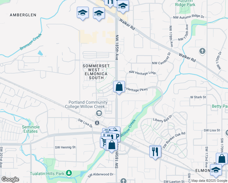 map of restaurants, bars, coffee shops, grocery stores, and more near 18512 Northwest Red Wing Way in Beaverton