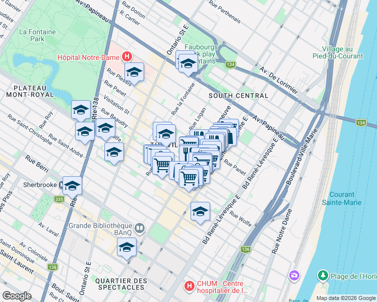 map of restaurants, bars, coffee shops, grocery stores, and more near 1591 Rue de la Visitation in Montréal