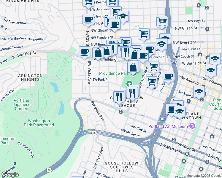 map of restaurants, bars, coffee shops, grocery stores, and more near 1060 Southwest King Avenue in Portland
