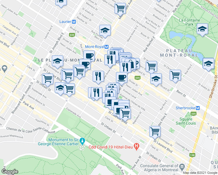 map of restaurants, bars, coffee shops, grocery stores, and more near 4268 Avenue de l'Hôtel-de-Ville in Montréal
