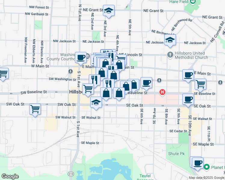 map of restaurants, bars, coffee shops, grocery stores, and more near 353 Southeast Baseline Street in Hillsboro