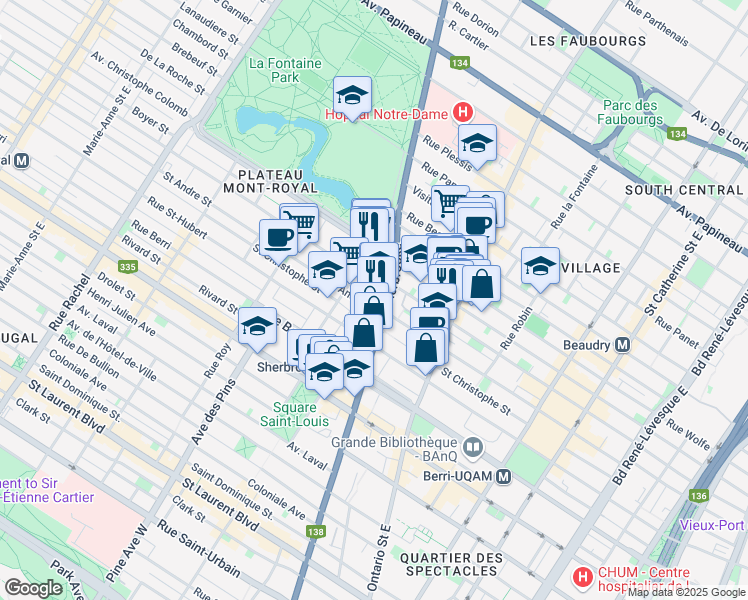 map of restaurants, bars, coffee shops, grocery stores, and more near 3431 Rue Saint-André in Montréal