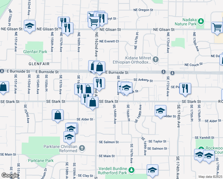 map of restaurants, bars, coffee shops, grocery stores, and more near 235 Southeast 165th Avenue in Portland