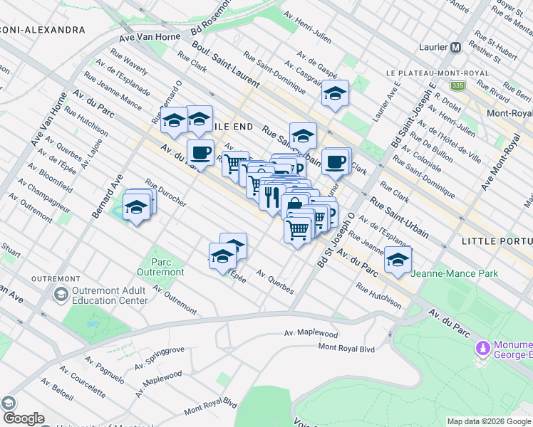 map of restaurants, bars, coffee shops, grocery stores, and more near 5220 Avenue du Parc in Montréal