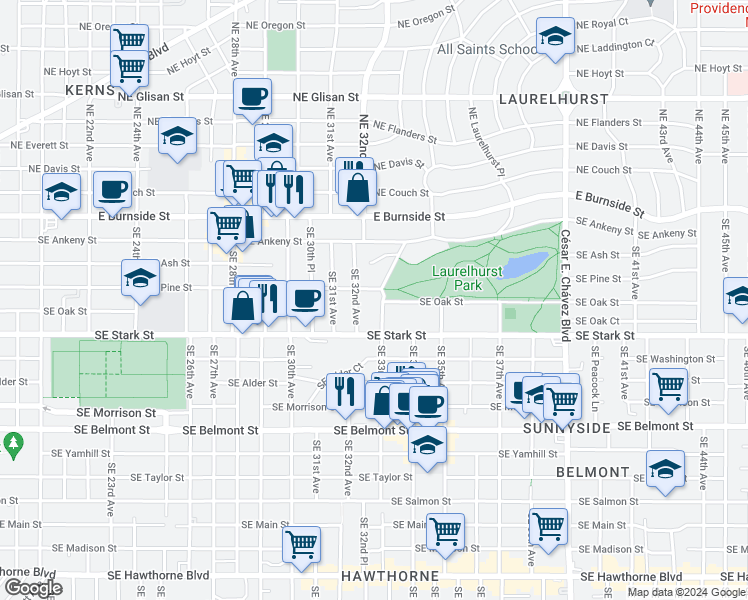 map of restaurants, bars, coffee shops, grocery stores, and more near 319 Southeast 33rd Avenue in Portland