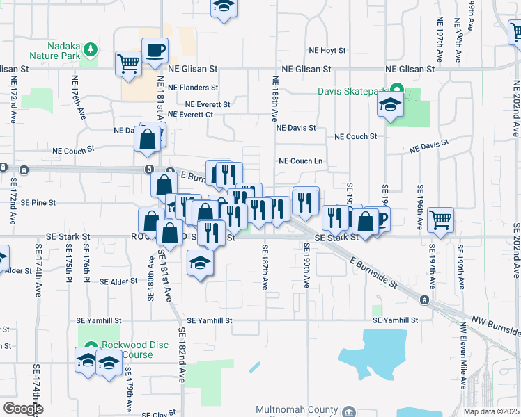 map of restaurants, bars, coffee shops, grocery stores, and more near 18702 East Burnside Street in Portland