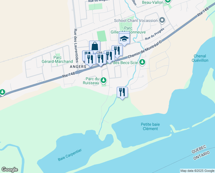 map of restaurants, bars, coffee shops, grocery stores, and more near 134 Rue du Ruisseau in Gatineau