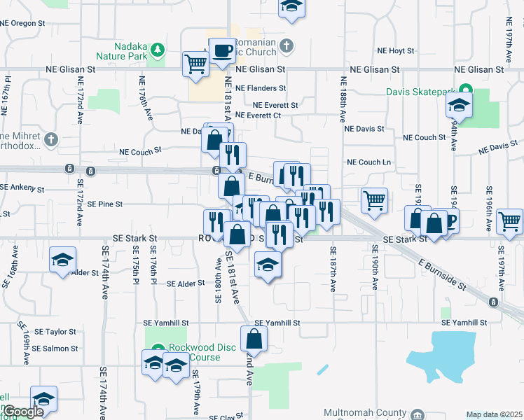 map of restaurants, bars, coffee shops, grocery stores, and more near 18244 Southeast Pine Street in Portland