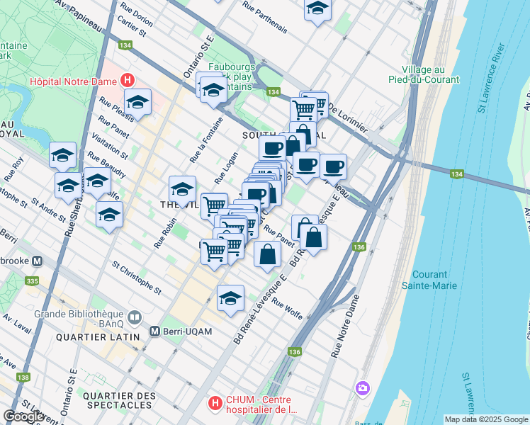 map of restaurants, bars, coffee shops, grocery stores, and more near 1380 Saint Catherine Street East in Montreal