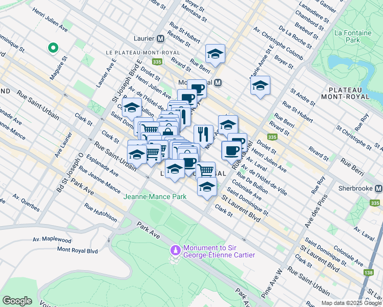 map of restaurants, bars, coffee shops, grocery stores, and more near 4401 Coloniale Avenue in Montreal