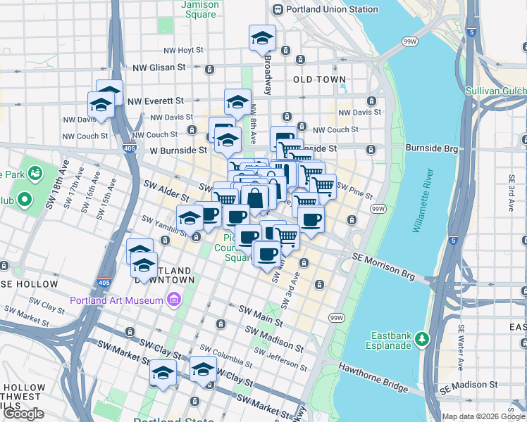 map of restaurants, bars, coffee shops, grocery stores, and more near 421 Southwest 6th Avenue in Portland