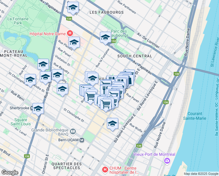 map of restaurants, bars, coffee shops, grocery stores, and more near 1556 Avenue Lartigue in Montréal