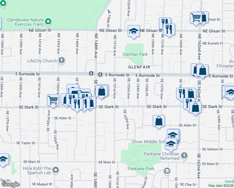 map of restaurants, bars, coffee shops, grocery stores, and more near 15105 Southeast Pine Court in Portland