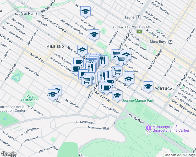map of restaurants, bars, coffee shops, grocery stores, and more near 203 Boulevard Saint Joseph Ouest in Montréal