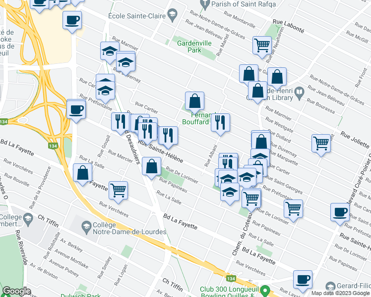 map of restaurants, bars, coffee shops, grocery stores, and more near 1003 Rue Préfontaine in Longueuil
