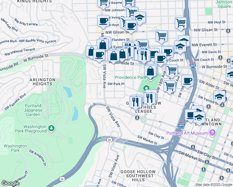map of restaurants, bars, coffee shops, grocery stores, and more near 2188 Southwest Main Street in Portland