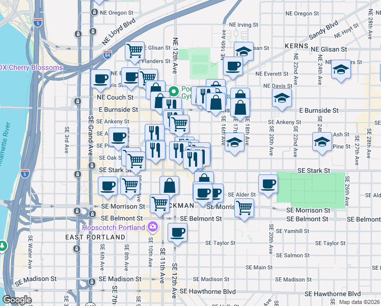 map of restaurants, bars, coffee shops, grocery stores, and more near 1324-1326 Southeast Pine Street in Portland