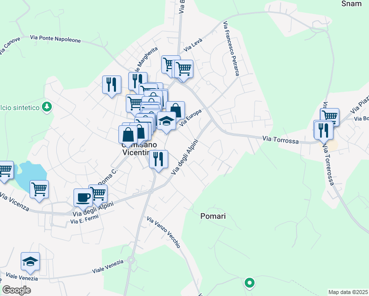 map of restaurants, bars, coffee shops, grocery stores, and more near 99 Via degli Alpini in Camisano Vicentino