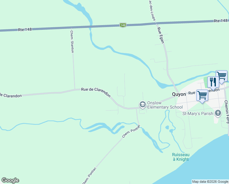 map of restaurants, bars, coffee shops, grocery stores, and more near 105-127 Rue Godin in Quyon