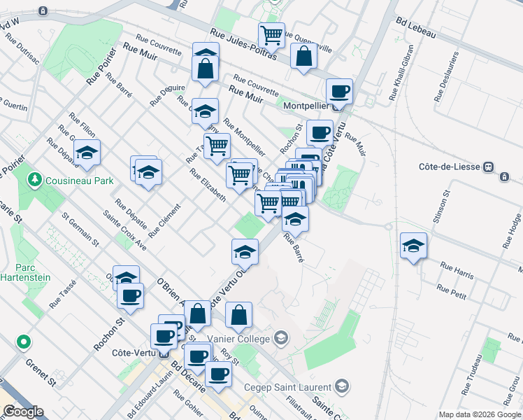 map of restaurants, bars, coffee shops, grocery stores, and more near 1095 Rue Barré in Montréal