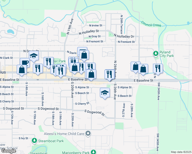 map of restaurants, bars, coffee shops, grocery stores, and more near 2246 East Baseline Street in Cornelius