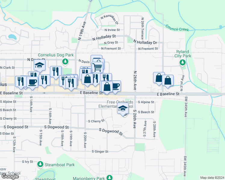 map of restaurants, bars, coffee shops, grocery stores, and more near 2300 East Baseline Street in Cornelius