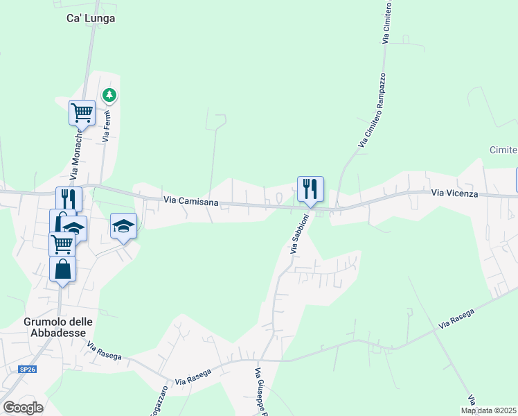 map of restaurants, bars, coffee shops, grocery stores, and more near 84 Via Camisana in Grumolo delle Abbadesse