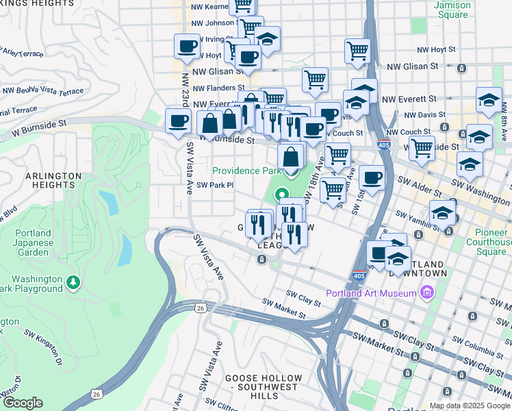 map of restaurants, bars, coffee shops, grocery stores, and more near 2020 Southwest Salmon Street in Portland