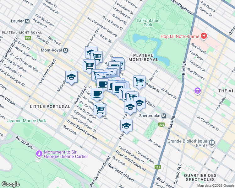 map of restaurants, bars, coffee shops, grocery stores, and more near 3941 Rue Saint-Denis in Montréal