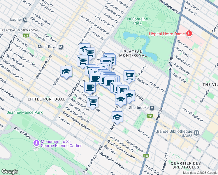 map of restaurants, bars, coffee shops, grocery stores, and more near 3941 Rue Saint-Denis in Montréal