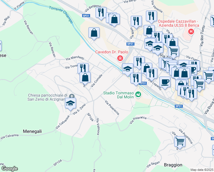map of restaurants, bars, coffee shops, grocery stores, and more near 2d Via San Zeno in Provincia di Vicenza