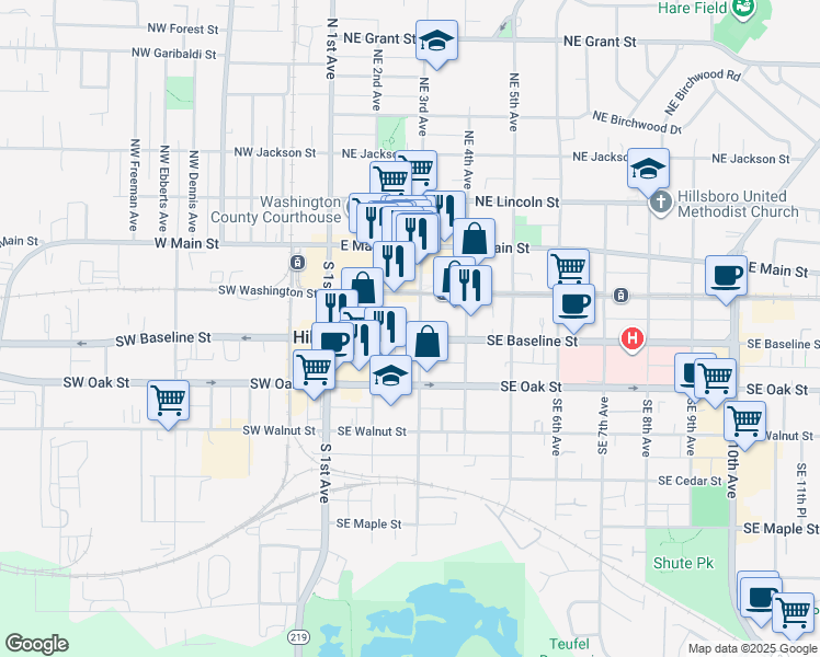 map of restaurants, bars, coffee shops, grocery stores, and more near 275 Southeast Baseline Street in Hillsboro