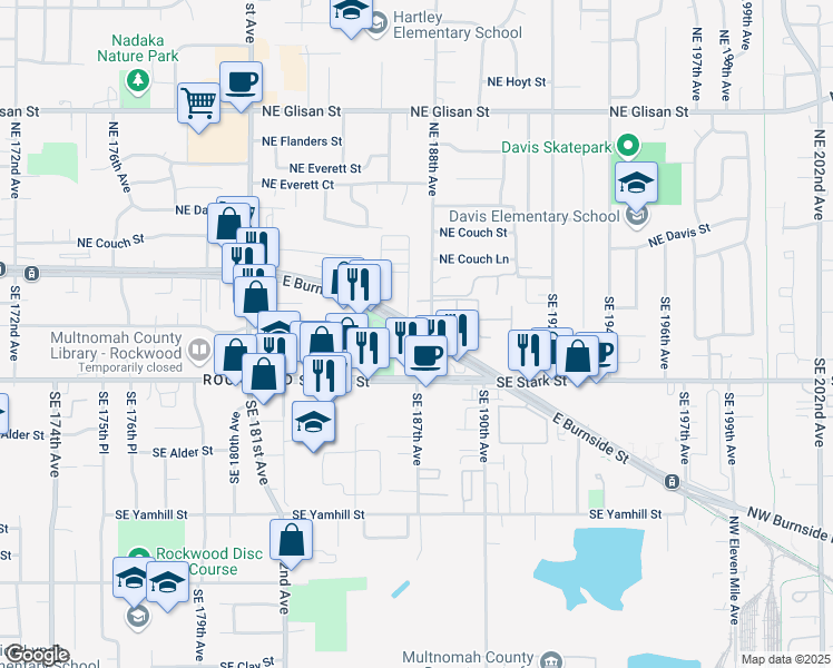 map of restaurants, bars, coffee shops, grocery stores, and more near 18702 East Burnside Street in Portland