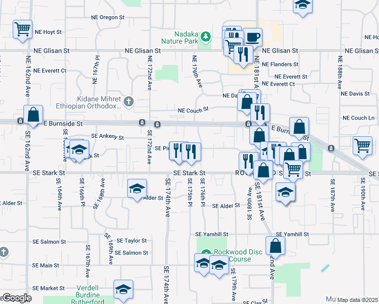map of restaurants, bars, coffee shops, grocery stores, and more near 17550 Southeast Pine Street in Portland